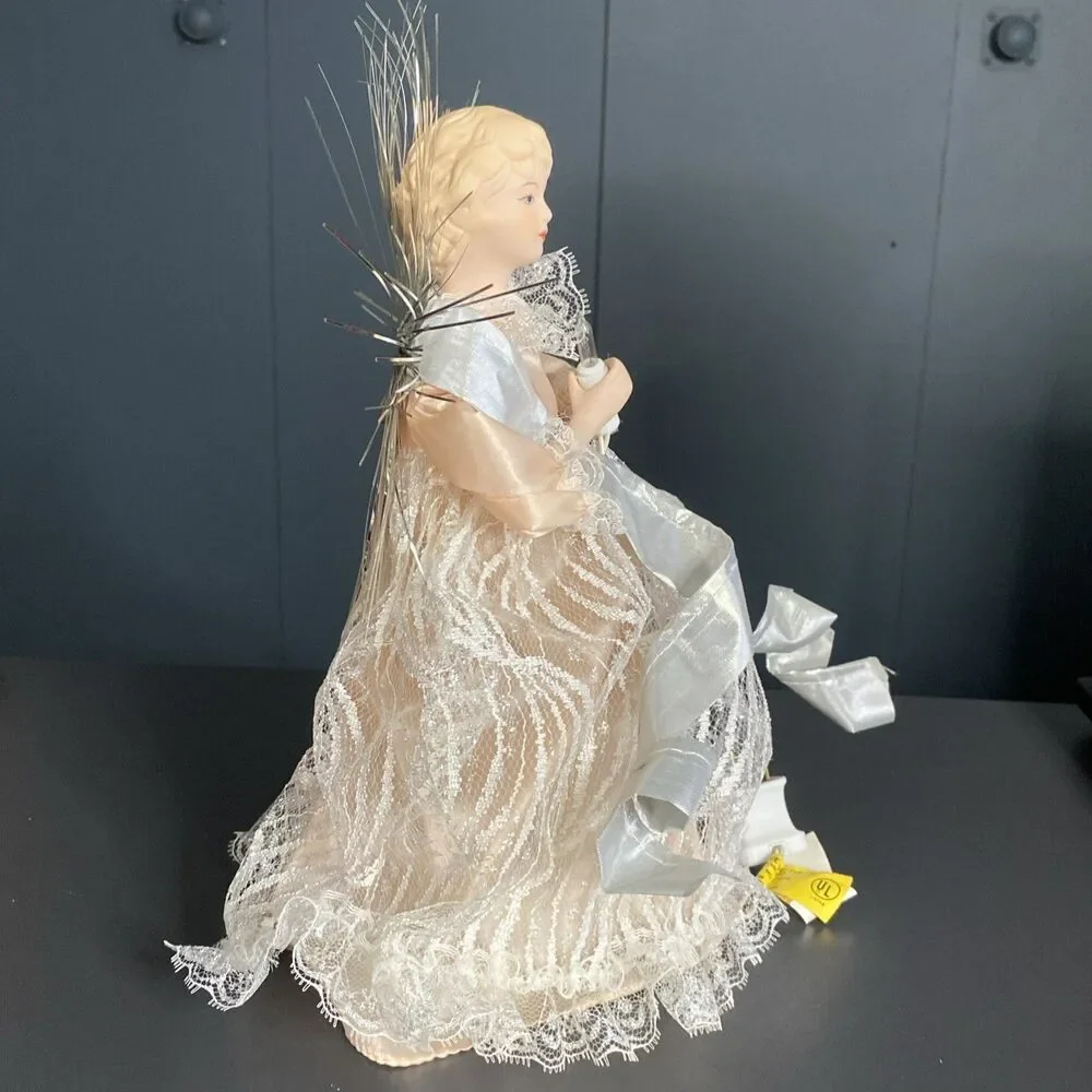 Vintage Lighted Angel Tree Topper Pink Dress Silver Tinsel Shopko 10